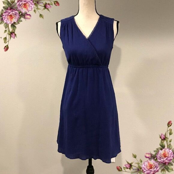 Faux wrap v-neck navy blue dress - Picture 1 of 11